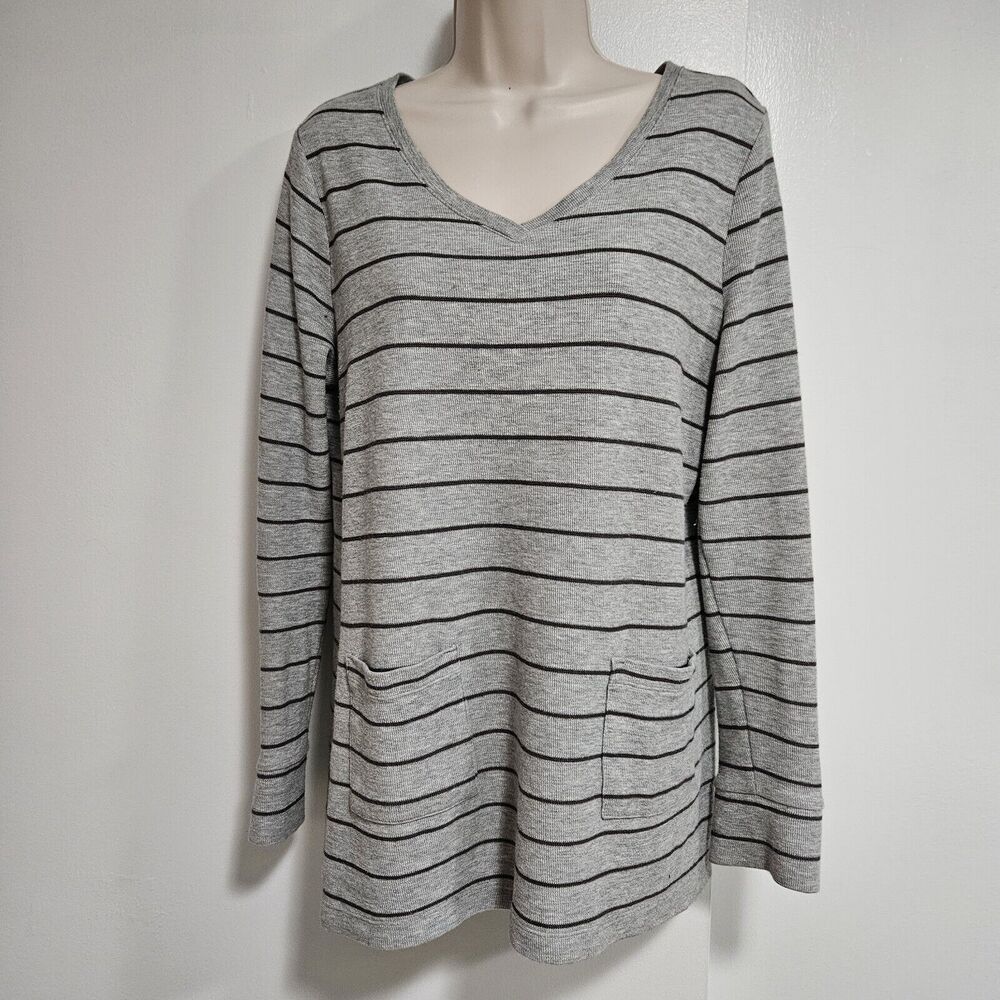 J Jill‎  Size Small Gray Striped Ribbed Knit Long Sleeve Pockets V Neck Sweater